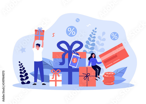 Customers getting gifts and rewards for purchases. Tiny people holding presents, bonus card with tags. Can be used for promotion, sale, discount, loyalty program concept