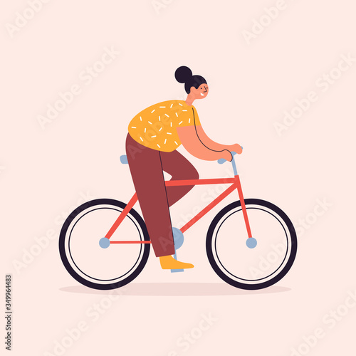 Cheerful young woman rides a bicycle on a light isolated background. Girl cyclist vector flat illustration. Healthy lifestyle, active sports activities. Walking on ecological transport.