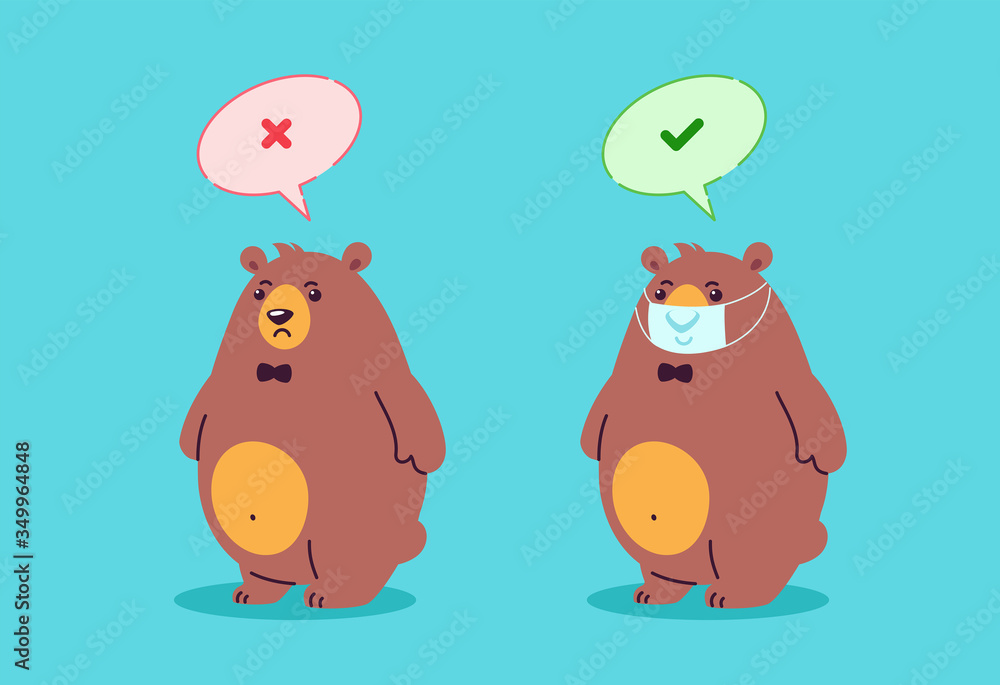 Naklejka premium Wear a mask sign. Right is wearing mask, wrong is without mask - COVID virus outbreak - vector cartoon illustration - two bears characters with and without mask in corona virus infection prevention