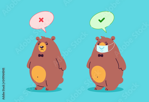Wear a mask sign. Right is wearing mask  wrong is without mask - COVID virus outbreak - vector cartoon illustration - two bears characters with and without mask in corona virus infection prevention