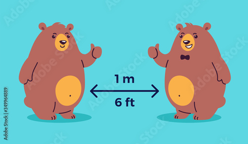 Social distancing COVID-19 illustration depicts keep 1 meter distance, 6 feet distance - cool bears show thumbs up - cartoon vector positive illustration