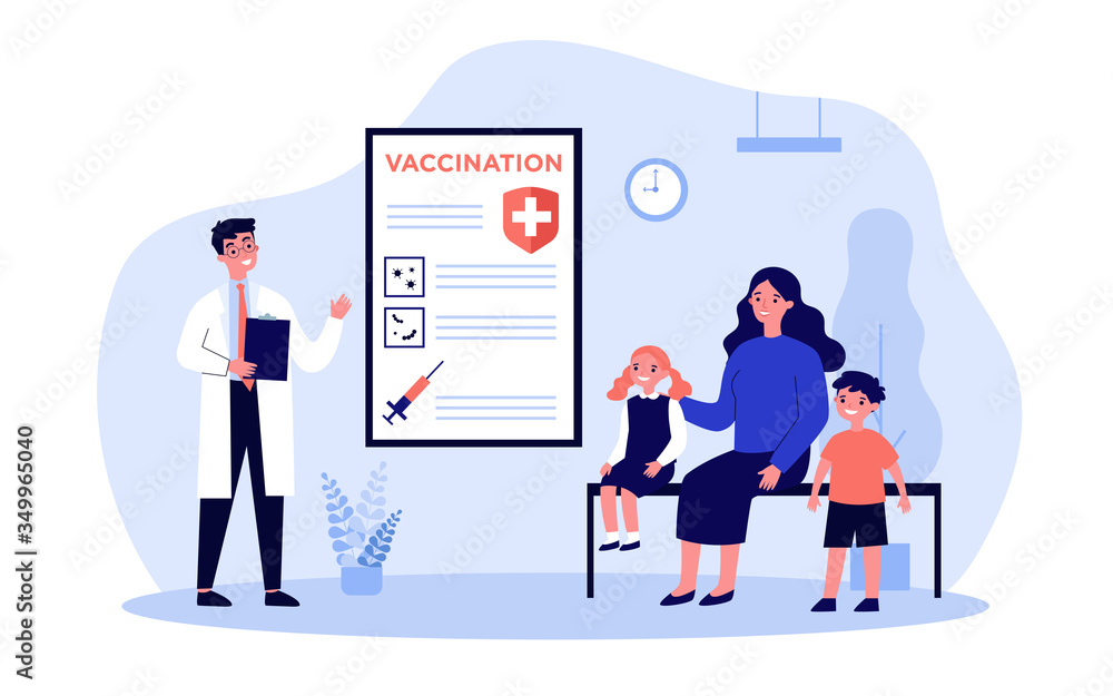 Mother with kids consulting pediatrician about vaccination in hospital. Doctor presenting vaccine. Can be used for healthcare, flu protection, disease prevention concept Mother with kids consulting pediatrician about vaccination in hospital. Doctor presenting vaccine. Can be used for healthcare, flu protection, disease prevention concept