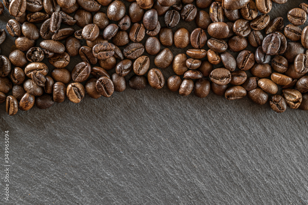 Cup coffee drink espresso background. Dark beans for black caffeine breakfast in cafe food. Brown roasted coffee seeds isolated for energy mocha, cappuccino ingredient. Copy space, top view Cup coffee drink espresso background. Dark beans for black caffeine breakfast in cafe food. Brown roasted coffee seeds isolated for energy mocha, cappuccino ingredient. Copy space, top view