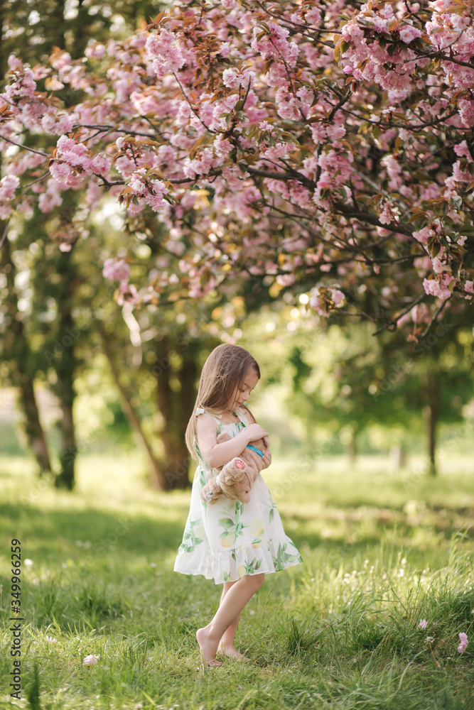 Little girl walking on the grass barefoot by the pink tree sakura in the park. Kid hug teddy bear Little girl walking on the grass barefoot by the pink tree sakura in the park. Kid hug teddy bear
