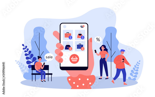 Customers using mobile phone for online shopping. Shoppers buying goods on internet store website. Can be used for communication, ecommerce, sale, purchase, consumerism concept