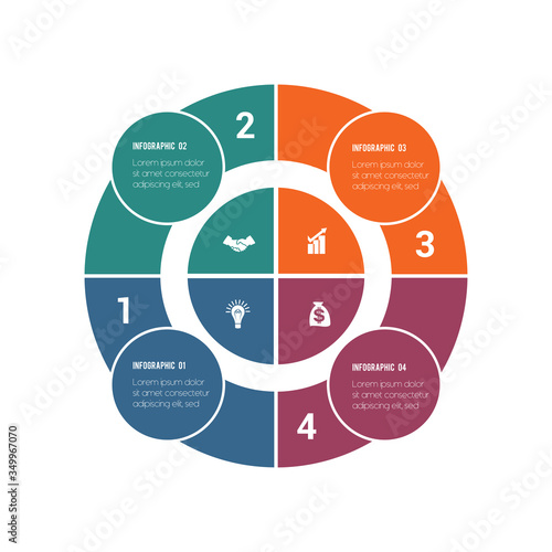 Colorful circular infographics from ring and circles. 4 positions for textual information. Use for business presentations is possible.