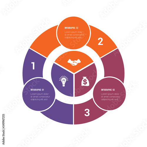 Colorful circular infographics from ring and circles. 3 positions for textual information. Use for business presentations is possible.