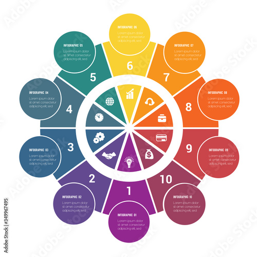 Colorful circular infographics from ring and circles. 10 positions for textual information. Use for business presentations is possible.