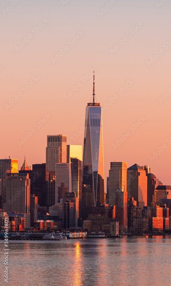 New York City downtown skyline sunset New York City downtown skyline sunset