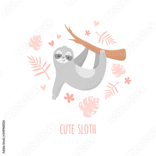 Vector hand draw sloth on white background. Cute animal illustration with text