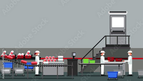 Meat factory with workers, industrial equipment, interior of the factory, social distancing, food industry vector illustration
