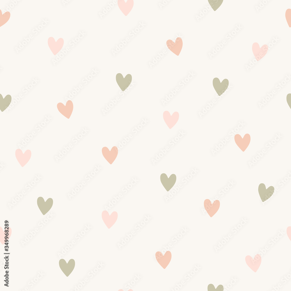Hearts seamless pattern in beight. Pastel color hand draw vector illustration