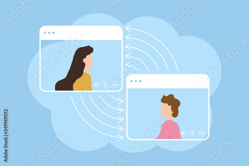 Video call conference. Concept of online meeting, working from home and learning at distance. Online video calling. Flat vector illustration.