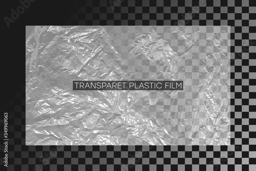 Transparent polyethylene film. Crumpled plastic wrap. Realistic cellophane texture on transparent background. Design element graphic of polyethylene or cellophane stretch film with wrinkles. Vector