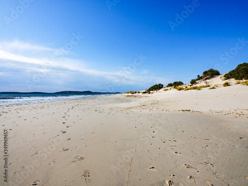 The Porto Pino beach, about four kilometres long of white sand and dunes, Sant’Anna Arresi, Sardinia, Italy