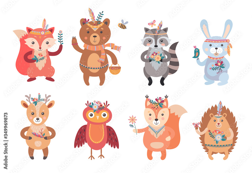 Cartoon boho animals set. Wildlife forest characters, deer, fox, owl, raccoon, decorated with red Indians tribal accessories, feathers and plants. Can be used for toys, native American culture topics Cartoon boho animals set. Wildlife forest characters, deer, fox, owl, raccoon, decorated with red Indians tribal accessories, feathers and plants. Can be used for toys, native American culture topics