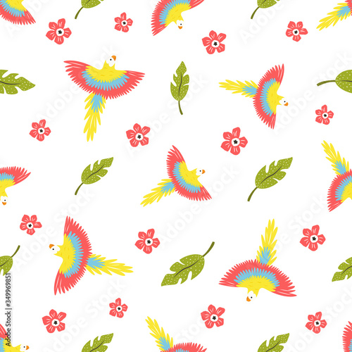 Bright seamless pattern with beautiful parrots and leaves