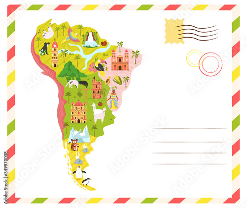 Bright postcard with map of South America with famous destinations and animals