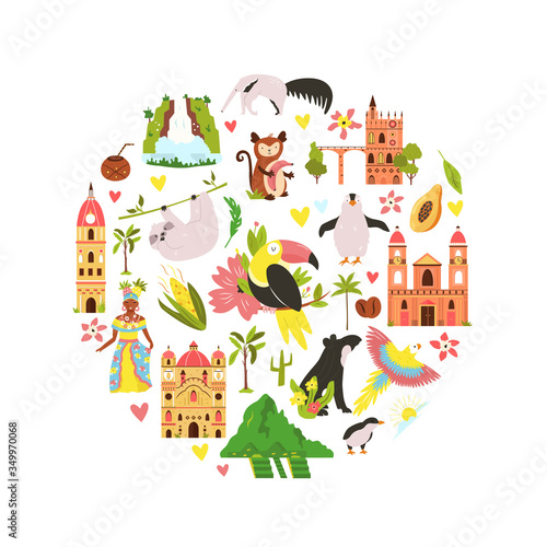 Decorative banner with symbols, animals of South America