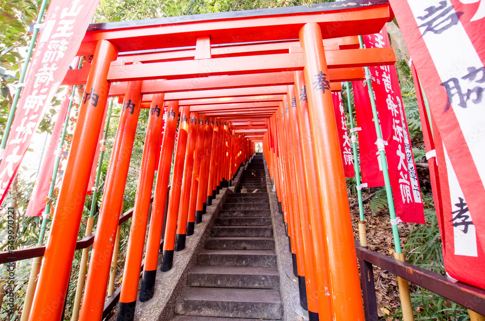 Red Torii Staircase Tunnel in Hie Shrine, Tokyo, Japan Red Torii Staircase Tunnel in Hie Shrine, Tokyo, Japan