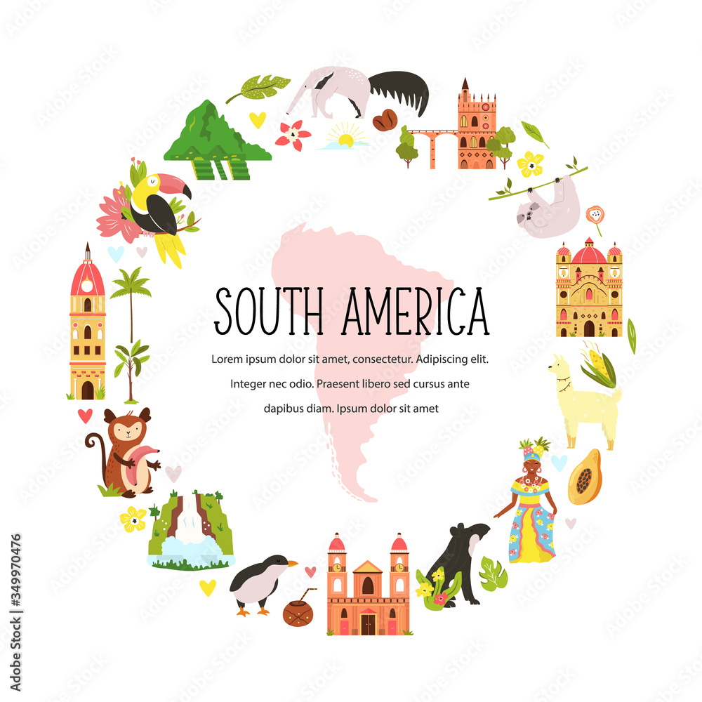 Fototapeta premium Decorative banner with symbols, animals of South America