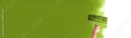 Wallpaper Mural Human hand with large roller of paint begins to paint a white wall handicraft education contrast color sample color test tool renovation green dark green olive Torontodigital.ca