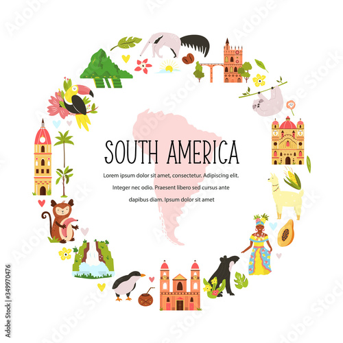 Decorative banner with symbols, animals of South America
