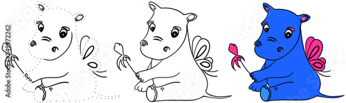 Kids game set, connect the dots, coloring page and baby hippo illustration in one. Cute puzzle page, join the dots for elementary level for kids of age 3-7 years