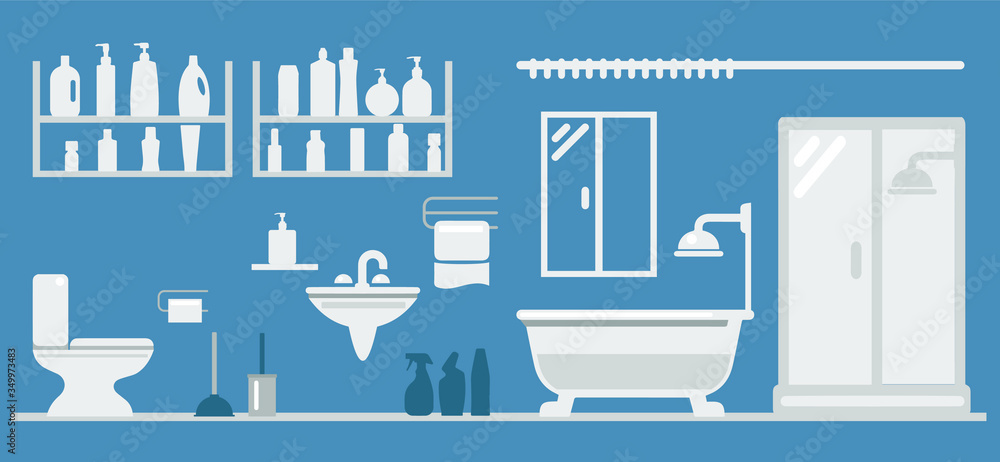 vector illustration of a person's life in the house. Plumbing, bathroom and toilet. Poster for plumbing shop, all for the home. A man on the toilet, takes a shower and washes his hands