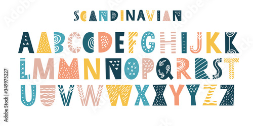 Latin alphabet in cartoon style. Characters in nordic scandinavian style. Cute colorful vector English alphabet, funny hand drawn typeface, ABC uppercase. Good for cards, posters, nursery designs
