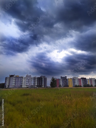 Colored high-rise buildings on the outskirts of the city.
