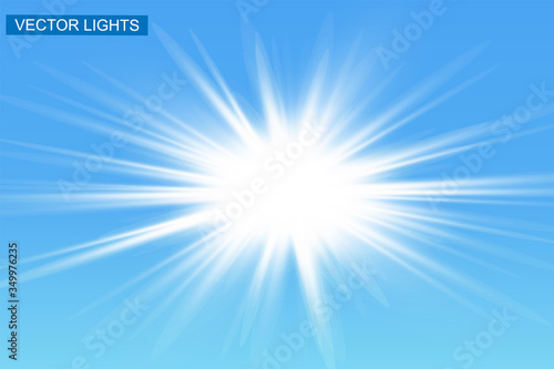low light effect. Starburst with sparkles on blue background. Vector illustration. Sun