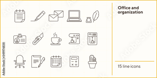 Office and organization icon set. Line icons collection on white background. Stationary, paperwork, coffee. Workflow concept. Can be used for topics like business, coworking space, management
