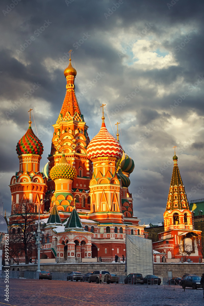St. Basil's Cathedral in Moscow over stormy sky, Russia