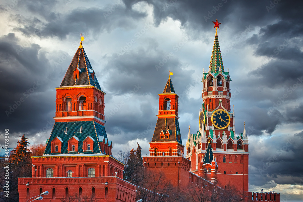Towers of Moscow kremlin over stormy sky, Russia