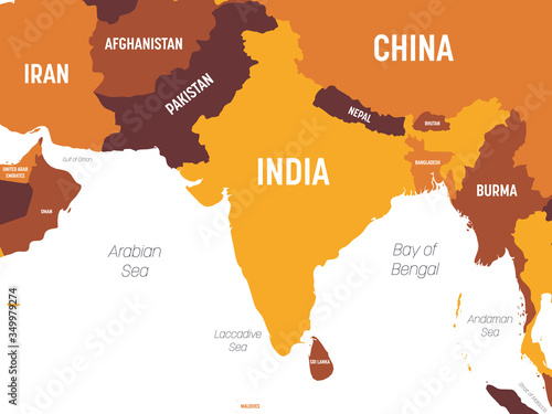South Asia map - brown orange hue colored on dark background. High detailed political map of southern asian region and Indian subcontinent with country, ocean and sea names labeling