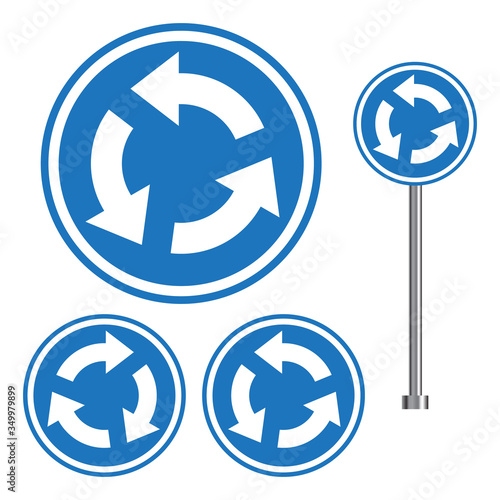 Roundabout road sign, isolated on white background, vector illustration.