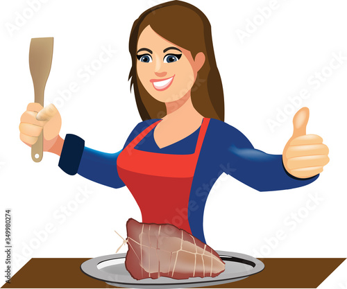 Happy housewi is woman with roast on tray