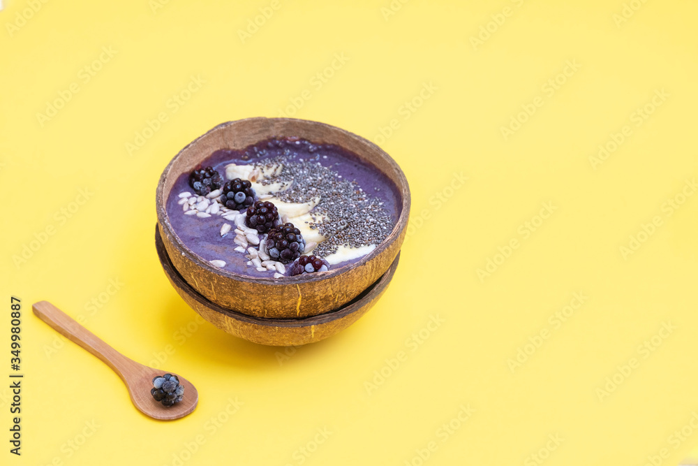 Healthy breakfast blackberry smoothie bowl with banana and seeds Healthy breakfast blackberry smoothie bowl with banana and seeds