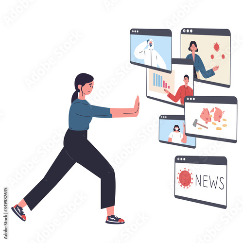 The young woman is tired of a lot of information and pushes away the news.Stress from excessive amounts of information and news.Information detox.Information silence.Bad news.Vector flat illustrations