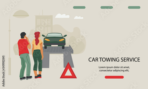 Car towing and repair service website banner template with people loading  automobile on tow truck. Towage of transport  from accident site and roadside assistance. Flat vector illustration.
 