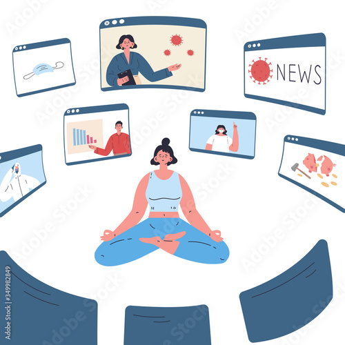 The young woman is tired of a lot of information around her.The girl sits in a lotus position.Stress from excessive amounts of information and news.Information detox.Information silence.Bad news.