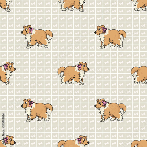 Hand drawn cute rough collie breed puppy with pink bow seamless vector pattern. Purebred pedigree domestic dog on paw background. Dog lover sheepdog pet all over print. Kennel pooch. EPS 10.  photo