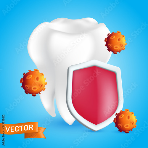 Dental care concept. White healthy and clean human tooth protected by a shield that reflects germs and bacteria. Realistic 3D style vector illustration isolated on a blue background