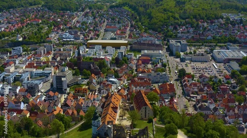 Aerial view of the city Heidenheim an der Brenz in Germany on a sunny spring day during the coronavirus lockdown. photo