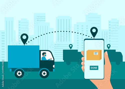 Safe order delivery of goods to buyer. Courier delivered package to destination. Man holding cardboard boxes in rubber gloves. Online shopping and express delivery. Vector illustration