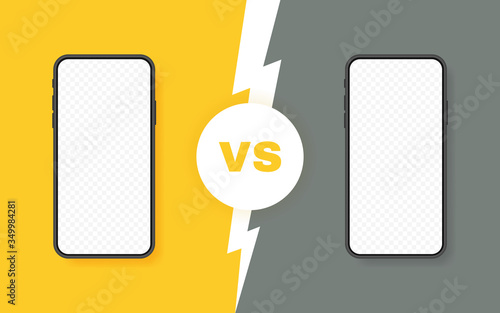 Comparison of two different smartphones. VS background with lightning bolt for comparison. Vector illustration