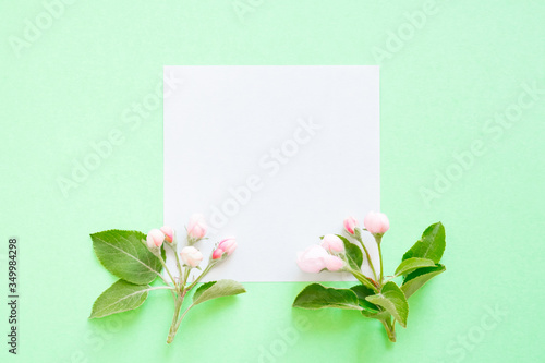 Summer and spring composition. Branch of a blossoming apple tree, white paper blank on mint background. Summer and spring concept. Flat lay, top view, copy space