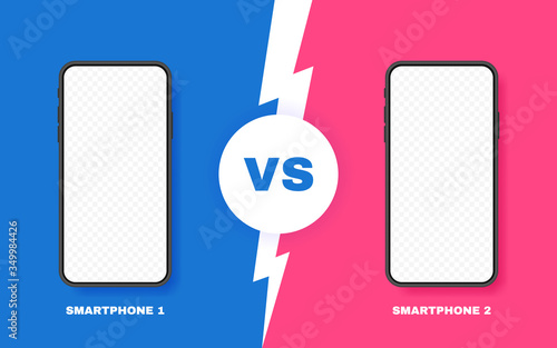 Comparison of two different smartphones. VS background with lightning bolt for comparison. Vector illustration