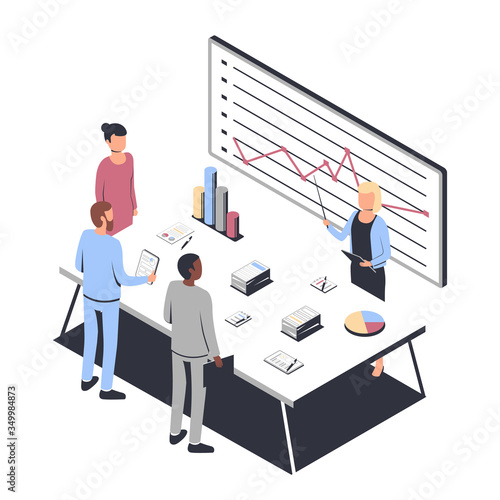 Data Analysis concept and project management. Business people. Financial analysis, business strategy, teamwork, audit. Isometric vector illustration